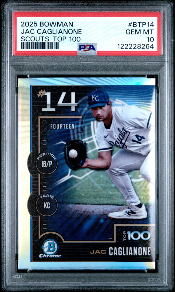 Graded 2025 Topps Bowman Jac Caglianone #BTP14 Scouts Top 100 Rookie RC Baseball Card PSA 10 Gem Mint (ONLINE ORDER ONLY)