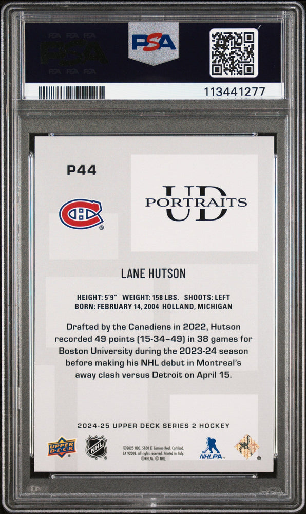 Graded 2024 Upper Deck Lane Hutson #P44 UD Portraits Rookie RC Hockey Card PSA 10 Gem Mint (ONLINE ORDER ONLY)
