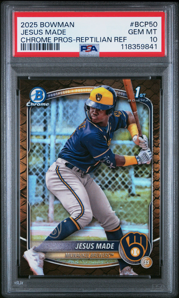 Graded 2025 Topps Bowman Jesus Made #BCP50 Chrome Prospects Reptilian Refractor Rookie RC Baseball Card PSA 10 Gem Mint (ONLINE ORDER ONLY)