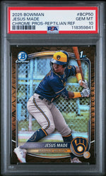 Graded 2025 Topps Bowman Jesus Made #BCP50 Chrome Prospects Reptilian Refractor Rookie RC Baseball Card PSA 10 Gem Mint (ONLINE ORDER ONLY)