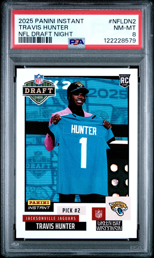 Graded 2025 Panini Instant Travis Hunter #NFLDN2 NFL Draft Night Rookie RC Football Card PSA 8 Near Mint (ONLINE ORDER ONLY)