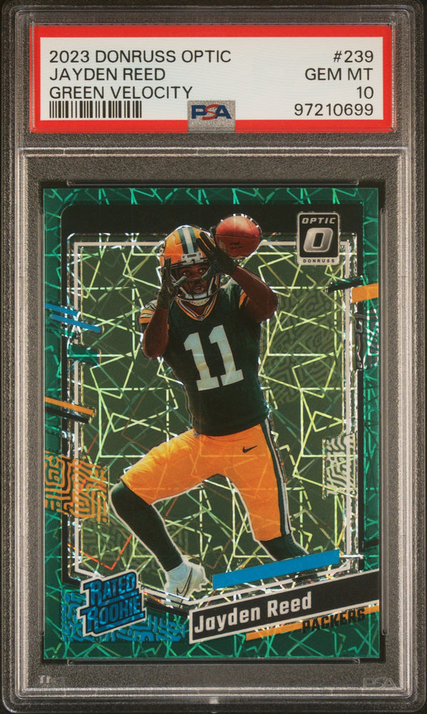 Graded 2023 Panini Donruss Optic Jayden Reed #239 Green Velocity Rookie RC Football Card PSA 10 Gem Mint (ONLINE ORDER ONLY)