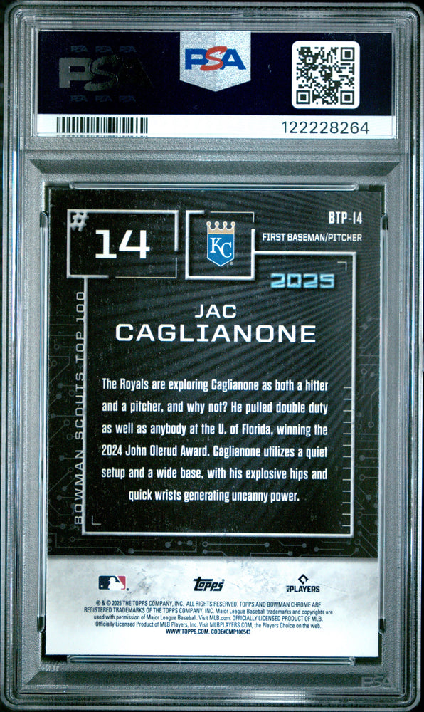 Graded 2025 Topps Bowman Jac Caglianone #BTP14 Scouts Top 100 Rookie RC Baseball Card PSA 10 Gem Mint (ONLINE ORDER ONLY)