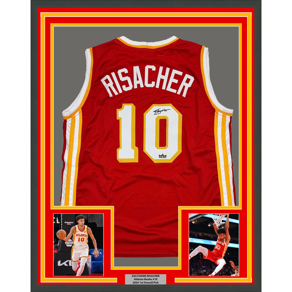 Framed Facsimile Autographed Zaccharie Risacher 35x39 Atlanta Red Reprint Laser Auto Basketball Jersey (ONLINE ORDER ONLY)
