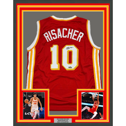 Framed Facsimile Autographed Zaccharie Risacher 35x39 Atlanta Red Reprint Laser Auto Basketball Jersey (ONLINE ORDER ONLY)