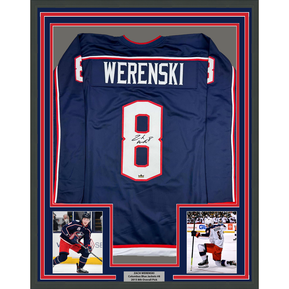 Framed Facsimile Autographed Zach Werenski 35x39 Columbus Blue Reprint Laser Auto Hockey Jersey (ONLINE ORDER ONLY)
