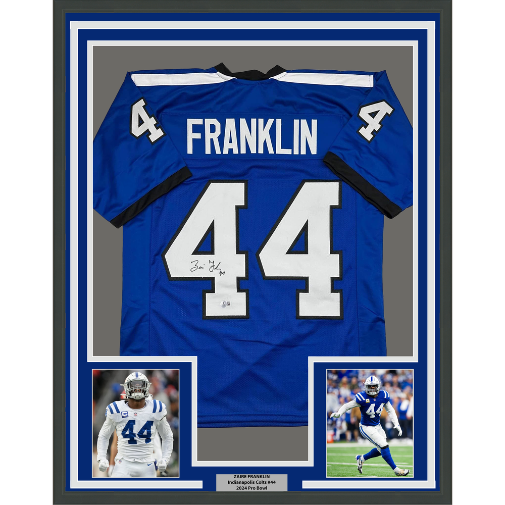 Framed Autographed/Signed Zaire Franklin 35x39 Indianapolis 2025 Style Blue Football Jersey Beckett BAS COA (ONLINE ORDER ONLY)
