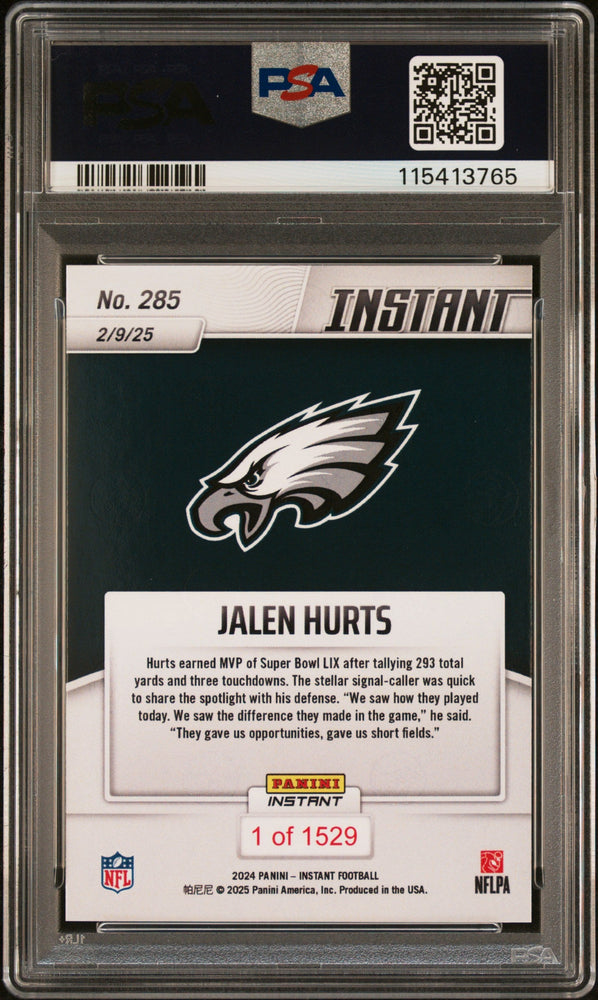 Graded 2024 Panini Instant NFL Jalen Hurts #285 Football Card PSA 9 Mint (ONLINE ORDER ONLY)