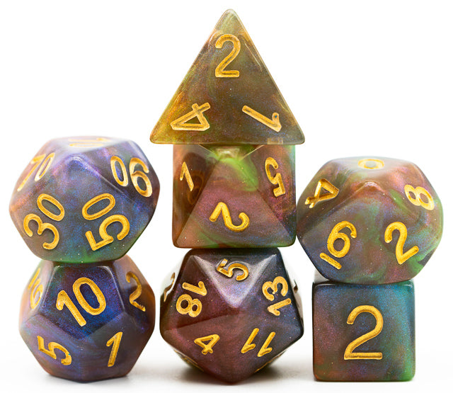 Purple & Green w/gold Galaxy Glitter 7-Dice Set RPG (Online Only)