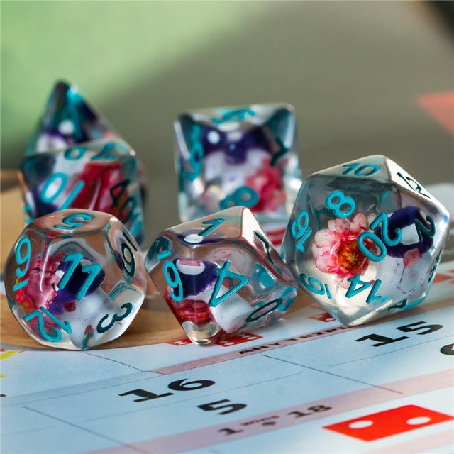 Purple Mushroom Dice Clear Pink Flower w/Teal Numbers 7-Dice Set Rpg (Online Only)