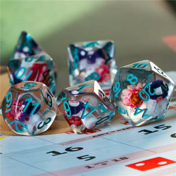 Purple Mushroom Dice Clear Pink Flower w/Teal Numbers 7-Dice Set Rpg (Online Only)