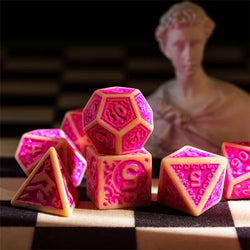 Off-White with Pink Irregular Pattern Fill: 7-Piece Acrylic Dice Set (Online Only)
