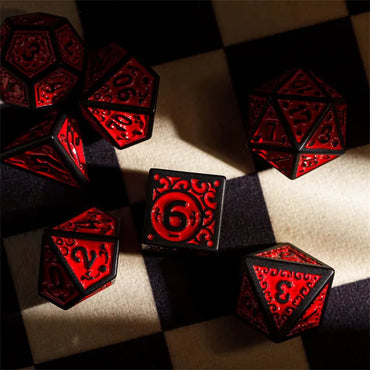 Black with Red Irregular Pattern Fill: 7-Piece Acrylic Dice Set (Online Only)