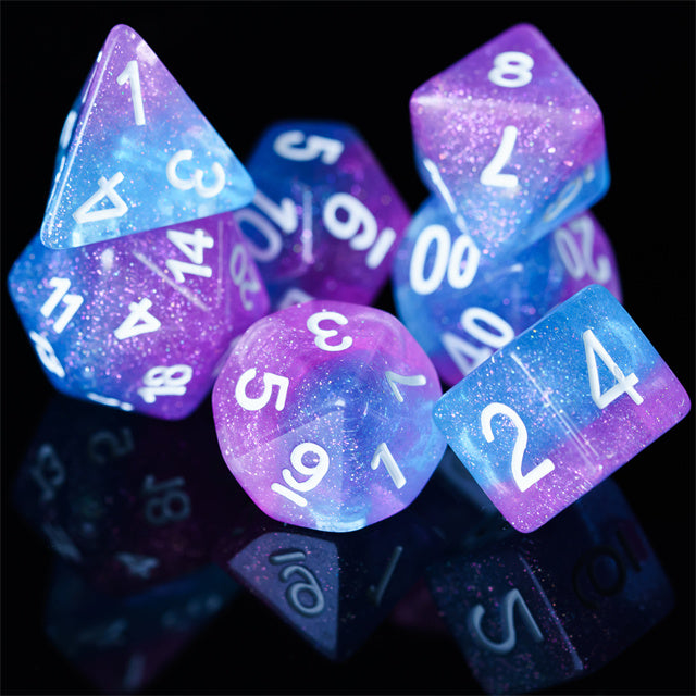 Purple Blue Two Tone 7-Dice Dnd Dice | Glitter w/White Numbers Set (Online Only)