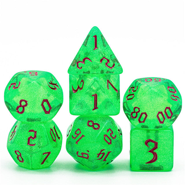 Green Glitter Party Glitter Dice (Pink font) 7-Dice Set RPG DND (Online Only)