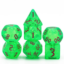 Green Glitter Party Glitter Dice (Pink font) 7-Dice Set RPG DND (Online Only)