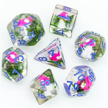 Pink Mushroom Dice Clear Green Vine w/Lavender Numbers 7-Dice Set Rpg (Online Only)
