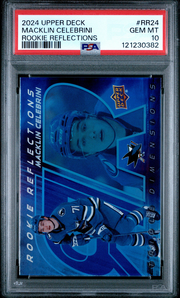 Graded 2024 Upper Deck Macklin Celebrini #RR24 Rookie Reflections Rookie RC Hockey Card PSA 10 Gem Mint (ONLINE ORDER ONLY)