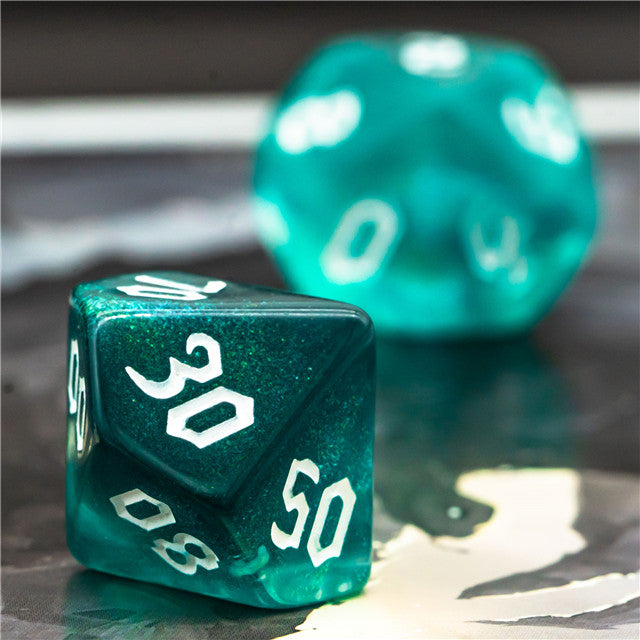 Blue-Green Glitter Party Dice (White font) 7-Dice Set RPG DND (Online Only)