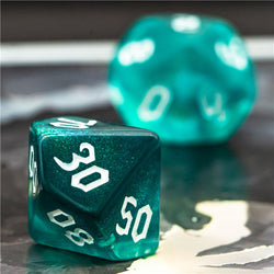 Blue-Green Glitter Party Dice (White font) 7-Dice Set RPG DND (Online Only)