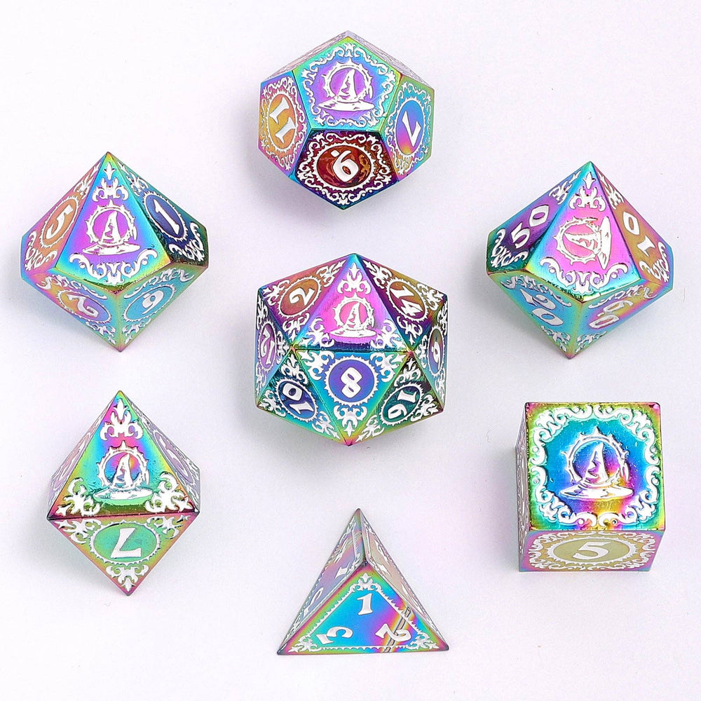 Wizard Solid Metal Polyhedral Dice Set - Rainbow with White (ONLINE ORDER ONLY)