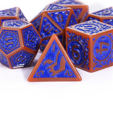 Burnt Orange with Blue Irregular Pattern Fill: 7-Piece Acrylic Dice Set (Online Only)