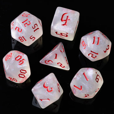 Glitter Party White Glitter Dice (Red font) 7-Dice Set (Online Only)