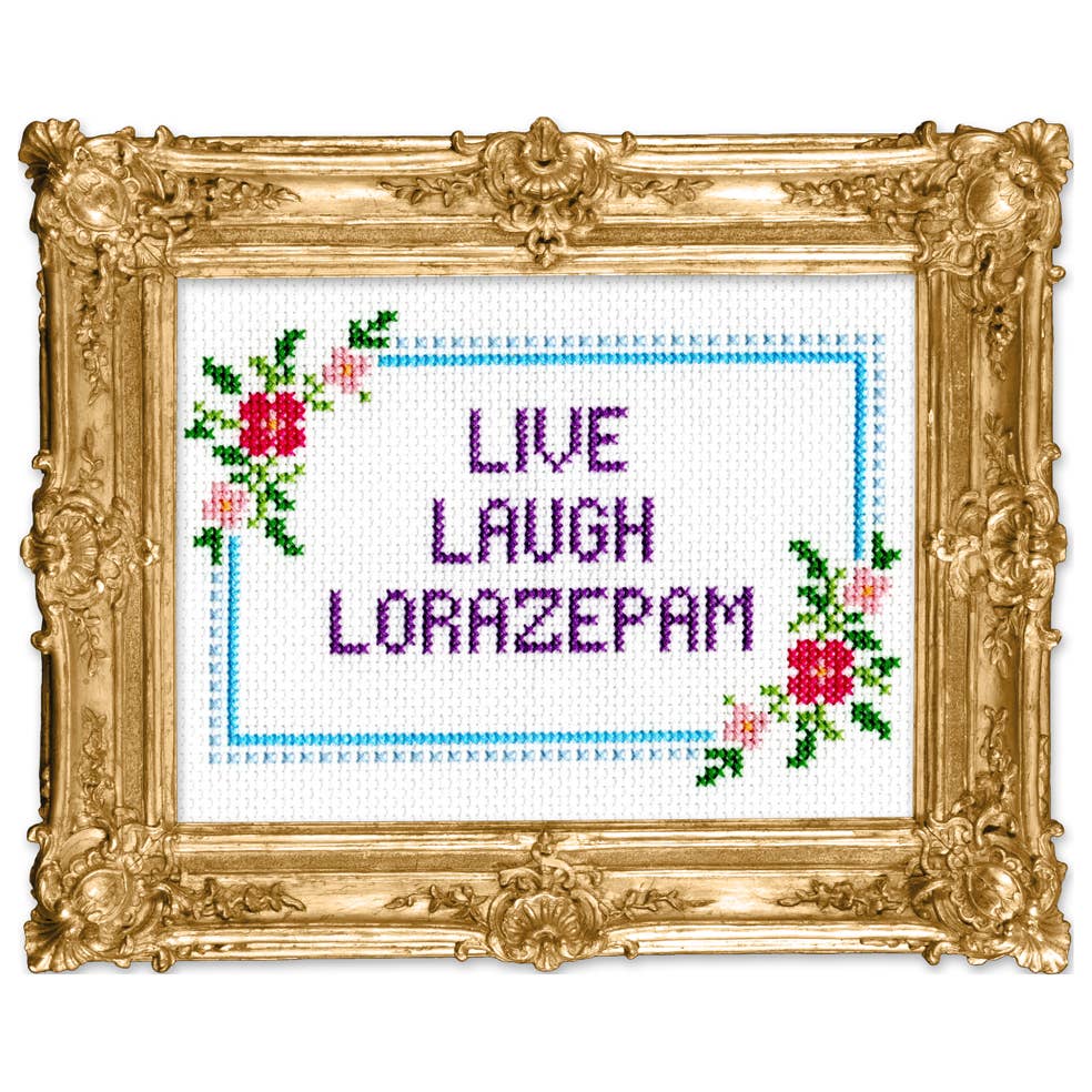 Deluxe Cross Stitch Kit – “Live Laugh Lorazepam” Funny Floral Pattern (ONLINE ORDER ONLY)