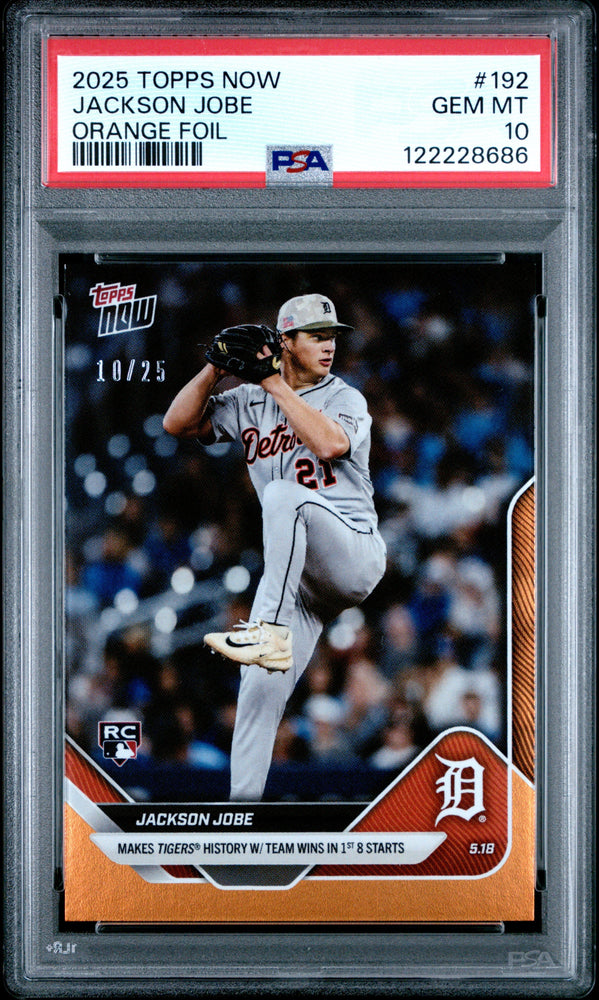 Graded 2025 Topps Now Jackson Jobe #192 Orange Foil /25 Rookie RC Baseball Card PSA 10 Gem Mint (ONLINE ORDER ONLY)