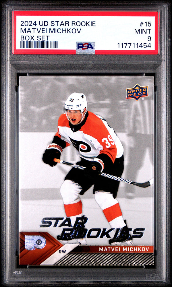 Graded 2024 Upper Deck Star Rookie Matvei Michkov #15 Box Set Rookie RC Hockey Card PSA 9 Mint (ONLINE ORDER ONLY)