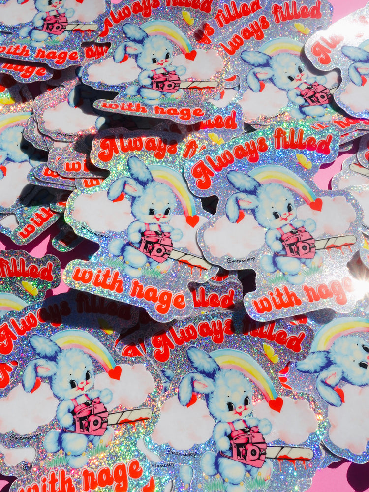 Always Filled with Rage Waterproof Vinyl Sticker – Holographic Funny Bunny Chainsaw Decal (Online Order Only)