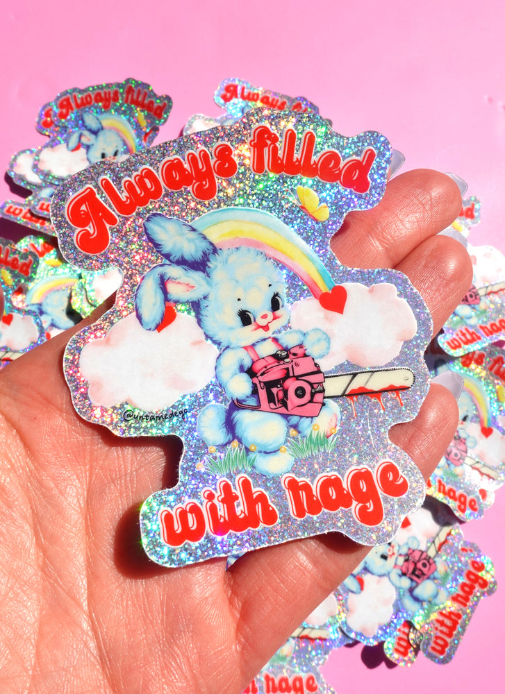 Always Filled with Rage Waterproof Vinyl Sticker – Holographic Funny Bunny Chainsaw Decal (Online Order Only)