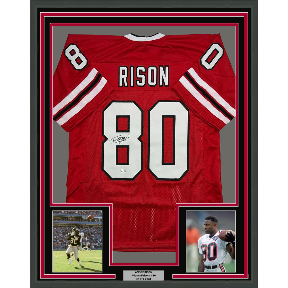 Framed Autographed/Signed Andre Rison 35x39 Atlanta Red Football Jersey Beckett BAS COA