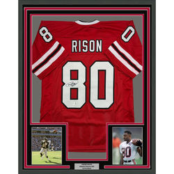 Framed Autographed/Signed Andre Rison 35x39 Atlanta Red Football Jersey Beckett BAS COA