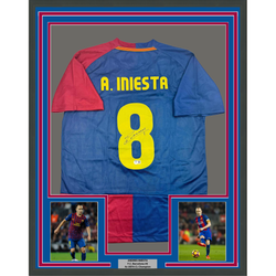 Framed Autographed/Signed Andres Iniesta 35x39 FC Barcelona Soccer Jersey Beckett BAS COA (ONLINE ORDER ONLY)