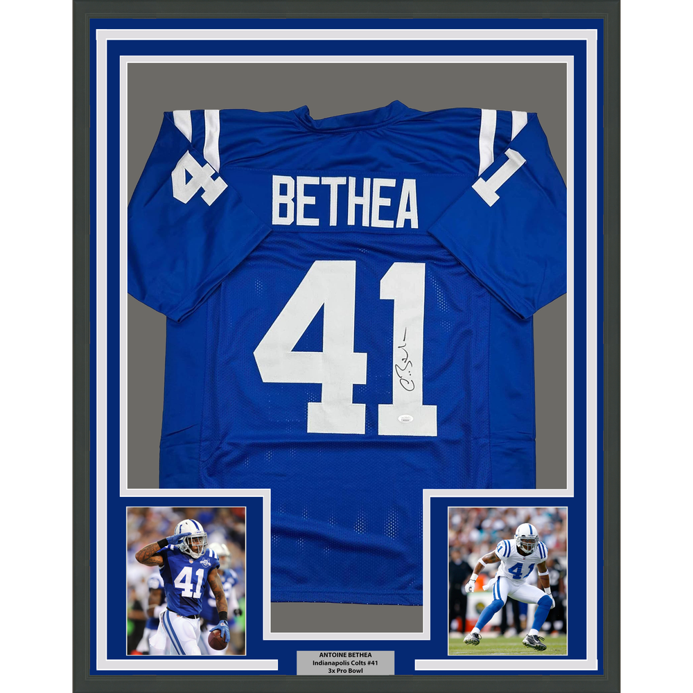 Framed Autographed/Signed Antoine Bethea 35x39 Indianapolis Blue Football Jersey JSA COA
