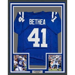 Framed Autographed/Signed Antoine Bethea 35x39 Indianapolis Blue Football Jersey JSA COA