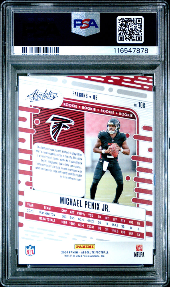 Graded 2024 Panini Absolute Michael Penix Jr #108 Red Squares Rookie RC Football Card PSA 10 Gem Mint (ONLINE ORDER ONLY)