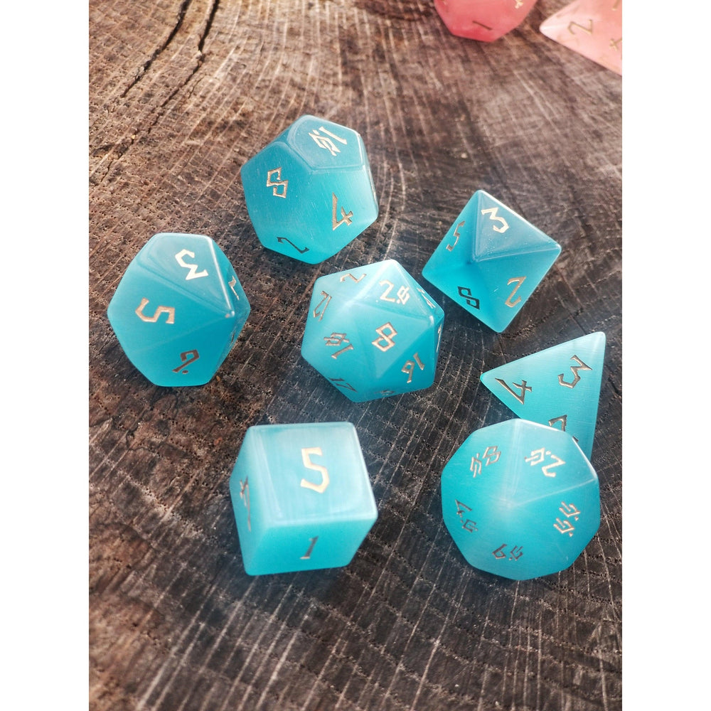 Aqua Blue Cat's Eye Stone Dice Set (ONLINE ORDER ONLY)
