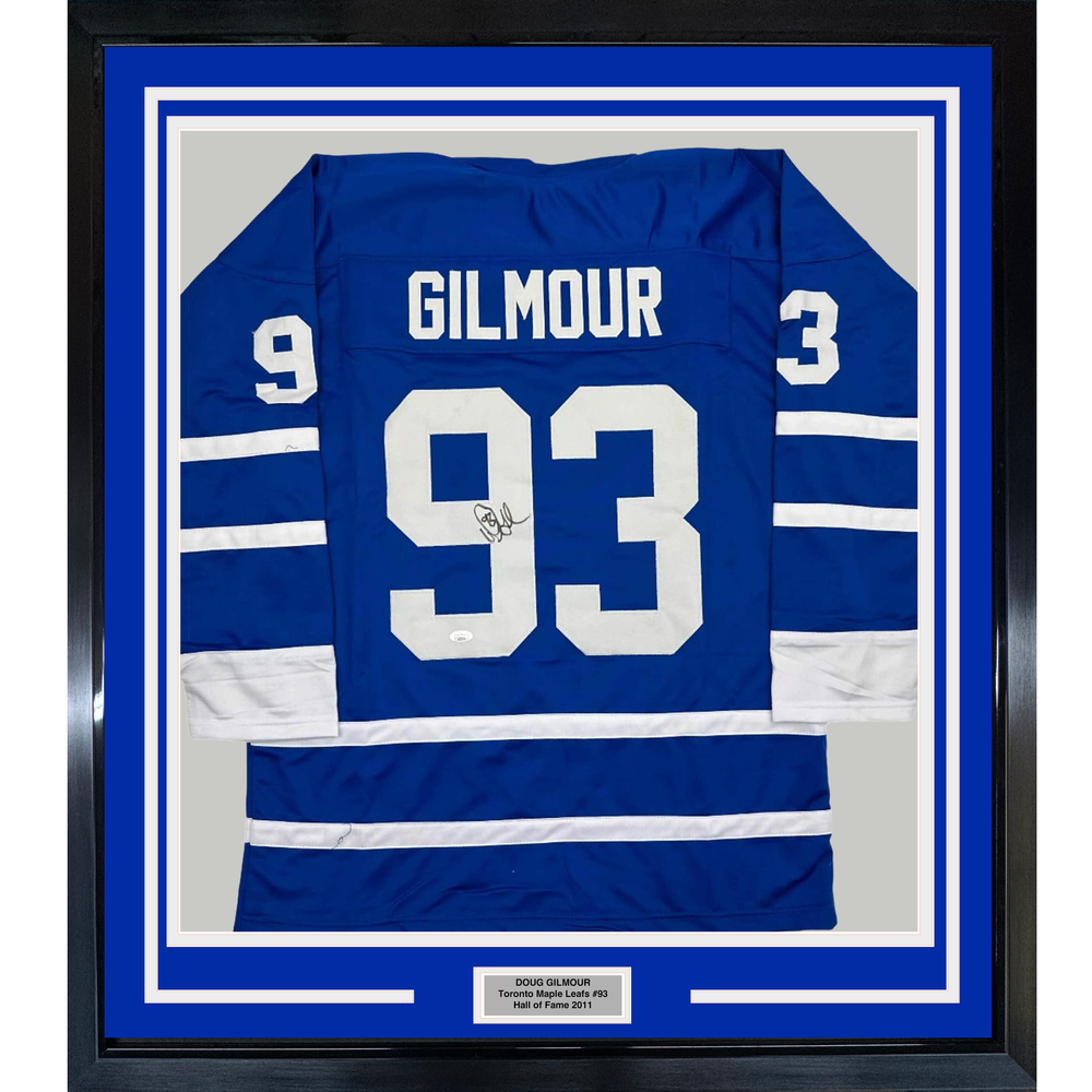 Framed Autographed/Signed Doug Gilmour 35x39 Toronto Blue Hockey Jersey JSA COA