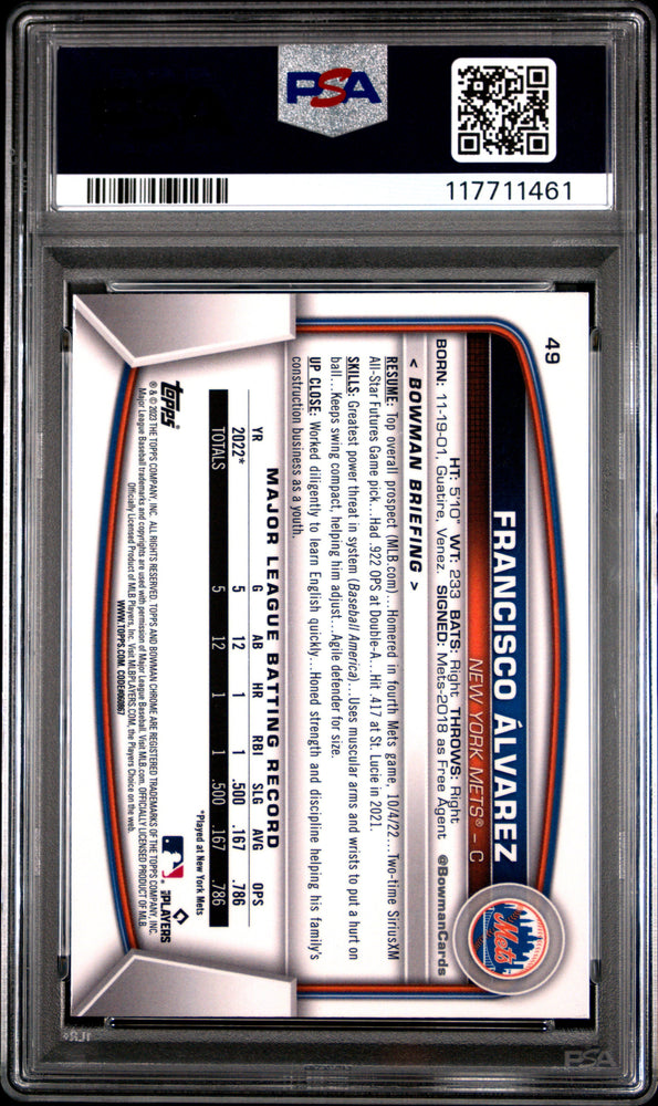 Graded 2023 Topps Bowman Mega Box Francisco Alvarez #49 Chrome Rookie RC Baseball Card PSA 10 Gem Mint (ONLINE ORDER ONLY)