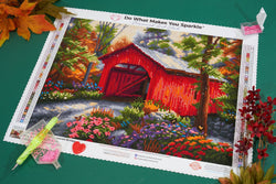 Diamond Art Club – Red Covered Bridge Diamond Painting (Round Drill, 17" x 13") (ONLINE ORDER ONLY)