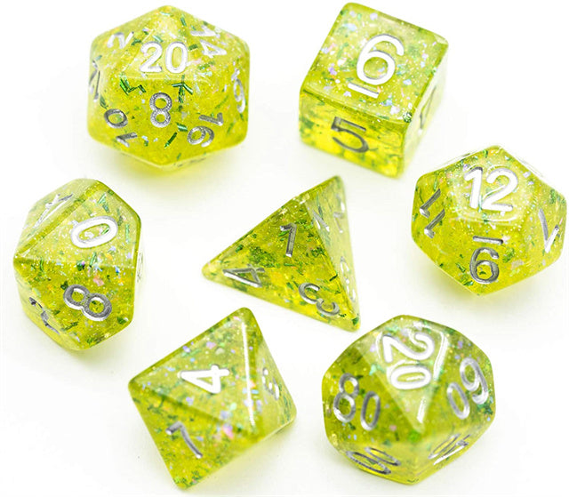 Green Cloud Brocade Powder 7-Dice Dnd Dice | Glitter w/Silver Numbers Set (Online Only)