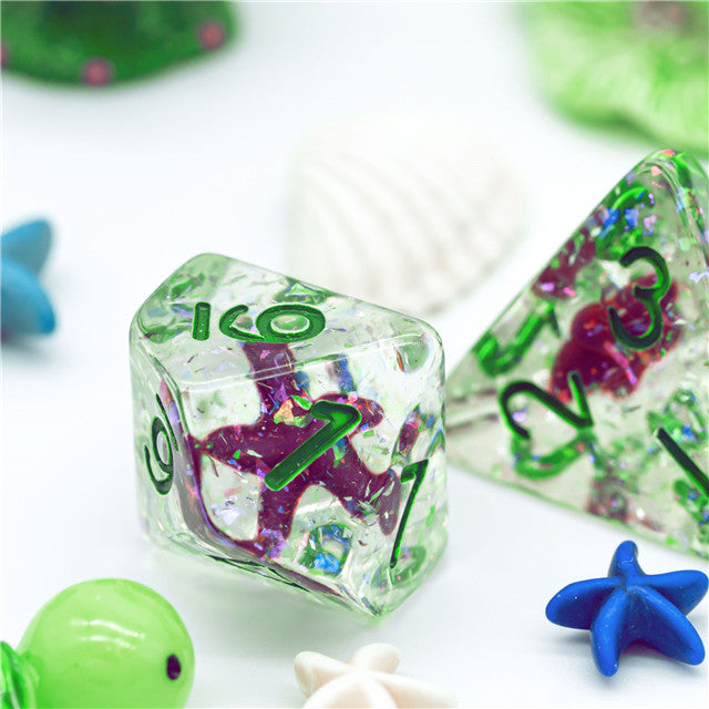 Green w/Purple Starfish Dice 7-Dice Set Resin Dungeons and Dragons Dice (Online Only)