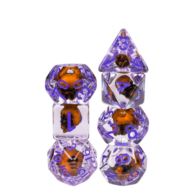Orange Skull Dice | Clear RPG 7-Dice Set w/ Purple Numbers (Online Only)