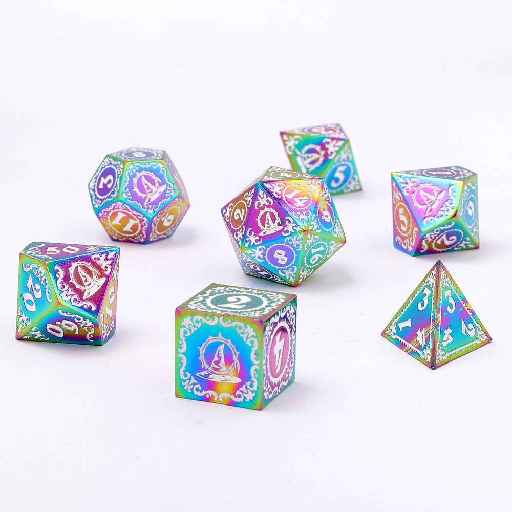 Wizard Solid Metal Polyhedral Dice Set - Rainbow with White (ONLINE ORDER ONLY)