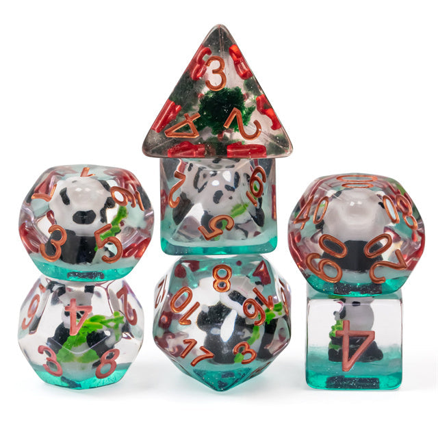 Bamboo Panda on Blue Glitter 7-Dice Set w/Copper Numbers Dnd Dice Set (Online Only)