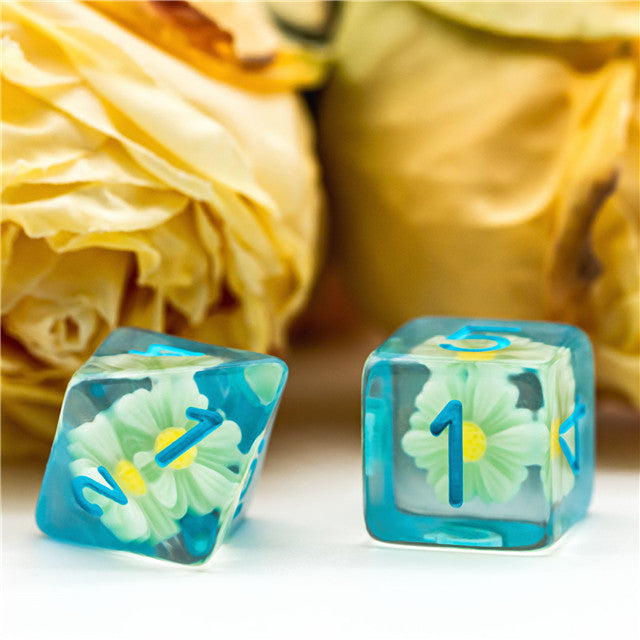 Sunflower Blue (Resin Flower) Dice 7-Dice Set Resin Dungeons and Dragons Dice (Online Only)