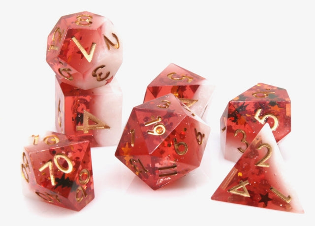 Translucent Red on Opaque White w/Foil Flakes 7-Dice Set Resin Sharp Edge RPG DND (Online Only)