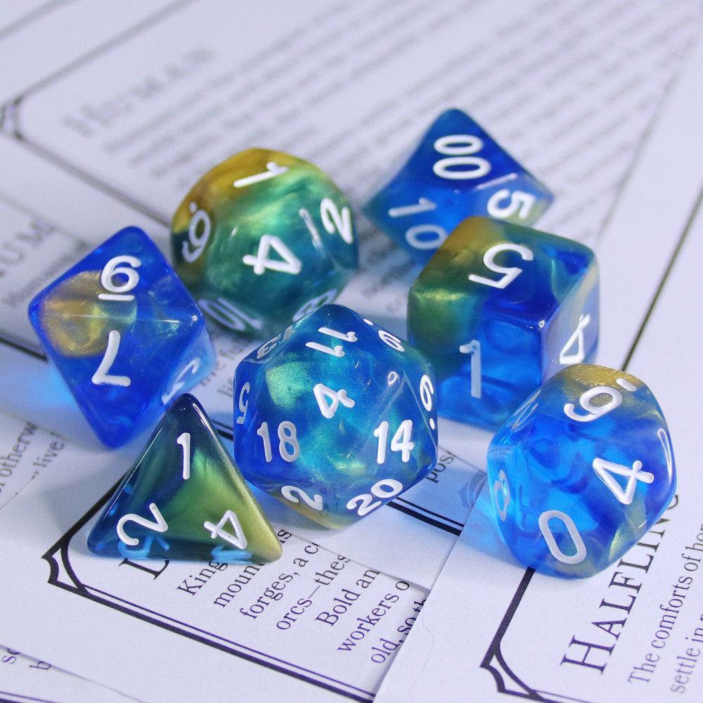 Starry Night Glitter Blue with White Numbering 7-Dice Set RPG (Online Only)
